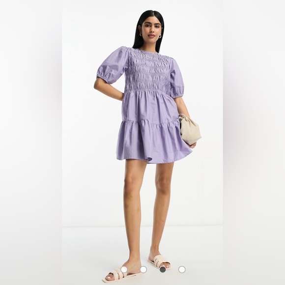 ASOS Puff Sleeve Shirred 100% Cotton Mini Smock Dress In Lilac Size 8 - Picture 1 of 15
